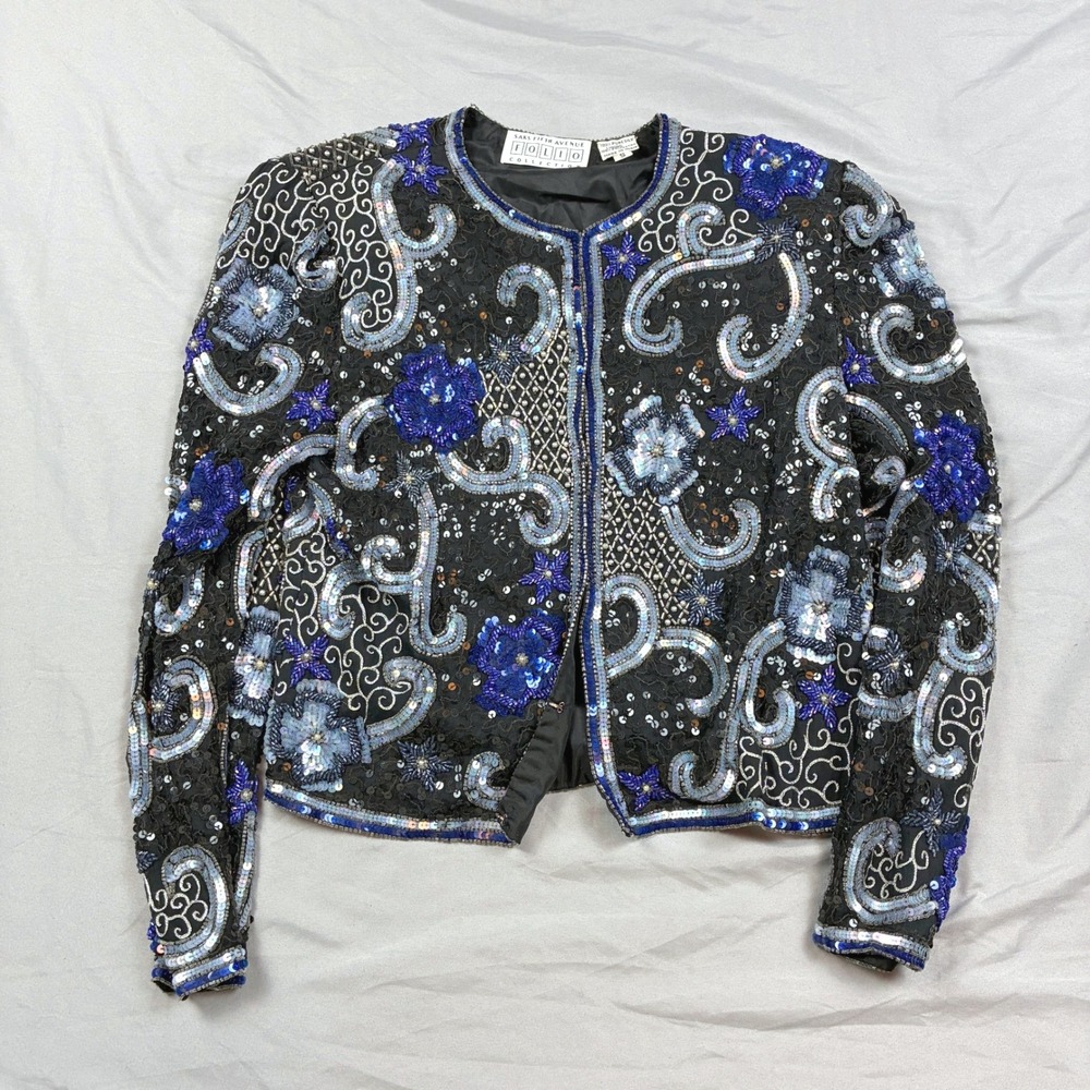 Saks Fifth Avenue Folio Jacket Womens S Black Blue Sequin Silk Beaded VTG 90s